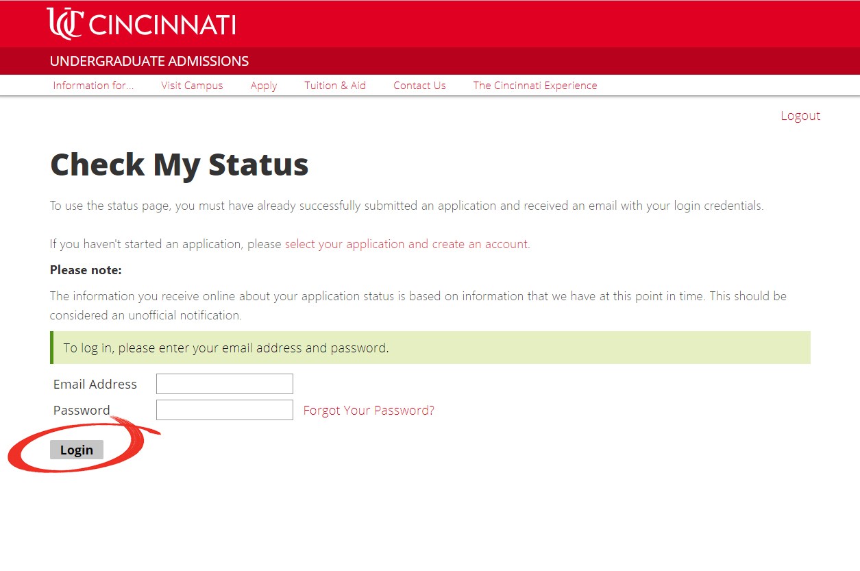Screenshot with arrow pointing to log in section of status portal